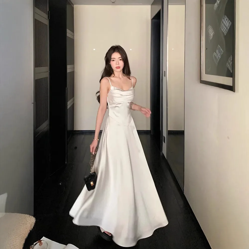 

Korean Fashion Women's White Strap Maxi Dress Summer New Style Slimming Elegant Banquet Party Bodycon Dresses for Women