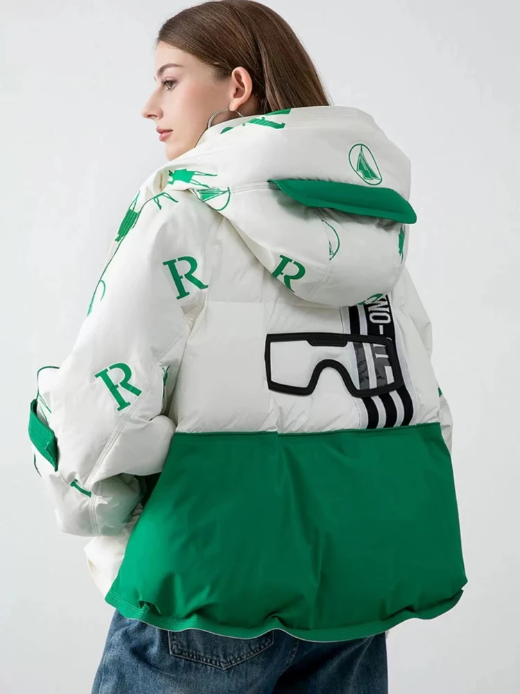 Kurze Daunenjacke mit Kapuze, modisch, 2025, dick, warm, neuer Winter, Spleißen, kontrastierender Buchstabe, Entendaunen, trendige Markenjacke
