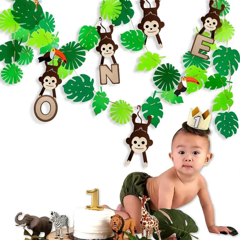 Felt Palm Leaves Monkey Bird Toucan Banner Wall Decorations Kids First Birthday Wild One 1st Jungle Safari Animal Party Garlands