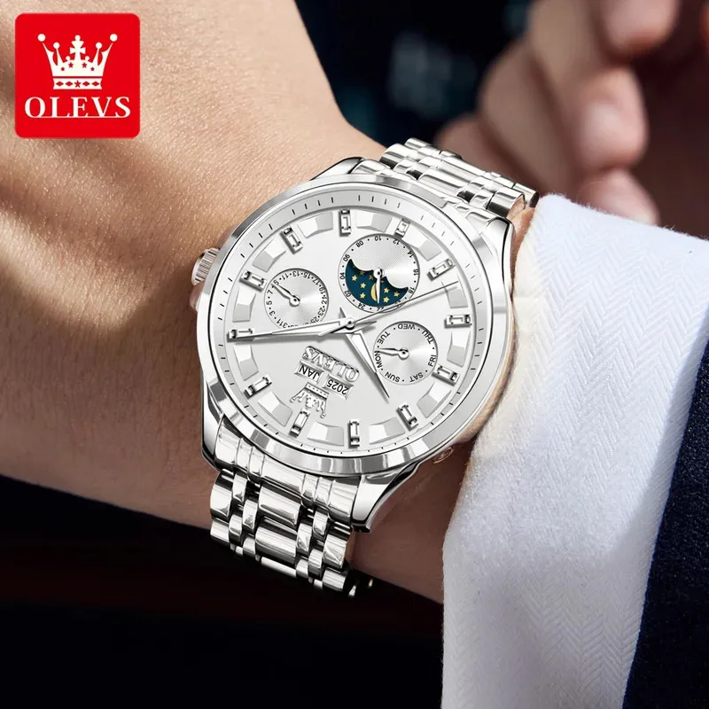 ساعة OLEVS 7070 للرجال فاخرة متعددة الوظائف لتقويم الأسبوع ومرحلة القمر للرجال جميع الساعات الميكانيكية الأوتوماتيكية