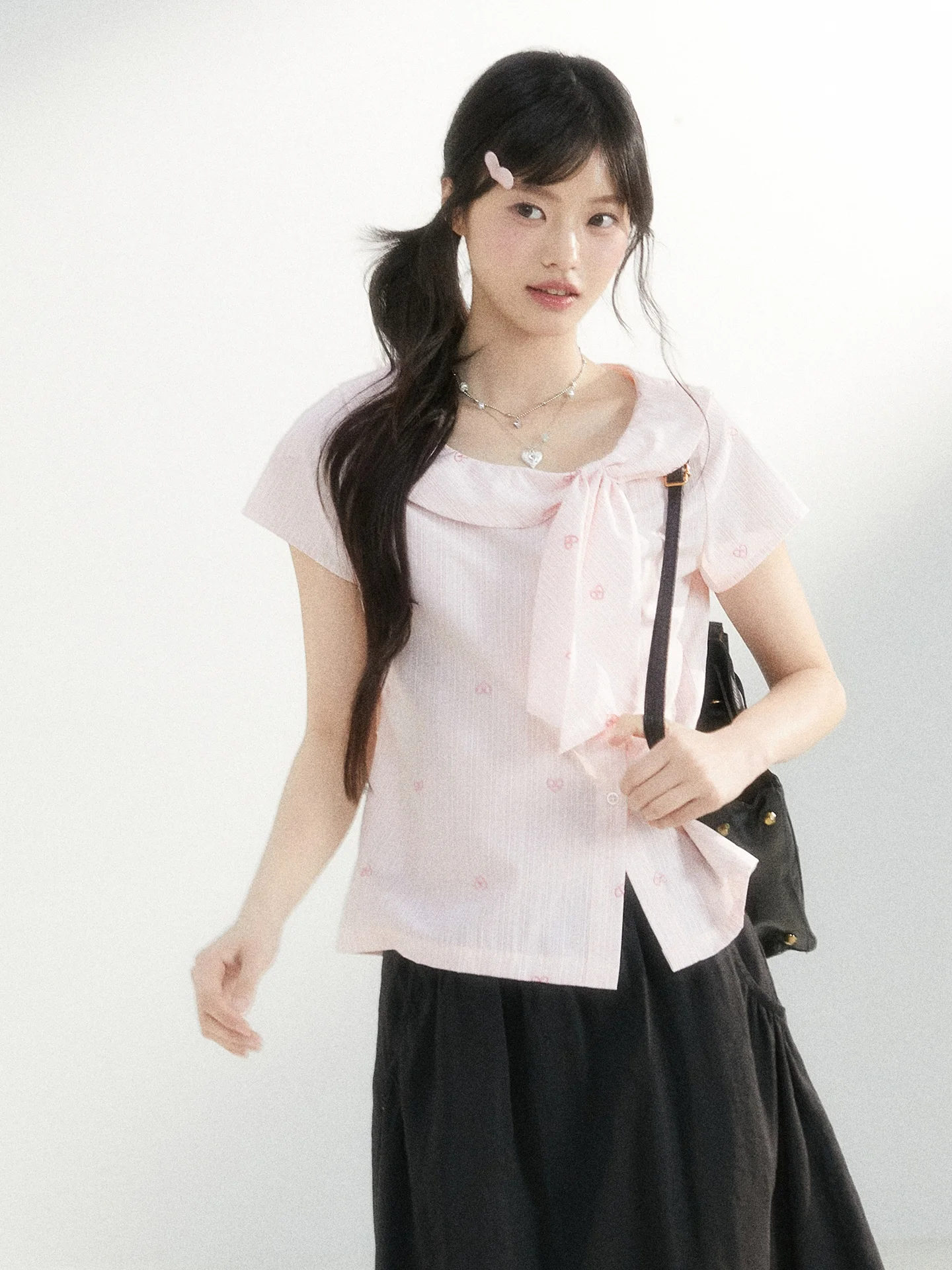 

King Prince Sweet Knot Short Sleeve Shirt Women's Summer Doll Collar Stripe Slim Design Sense Top Casual Style