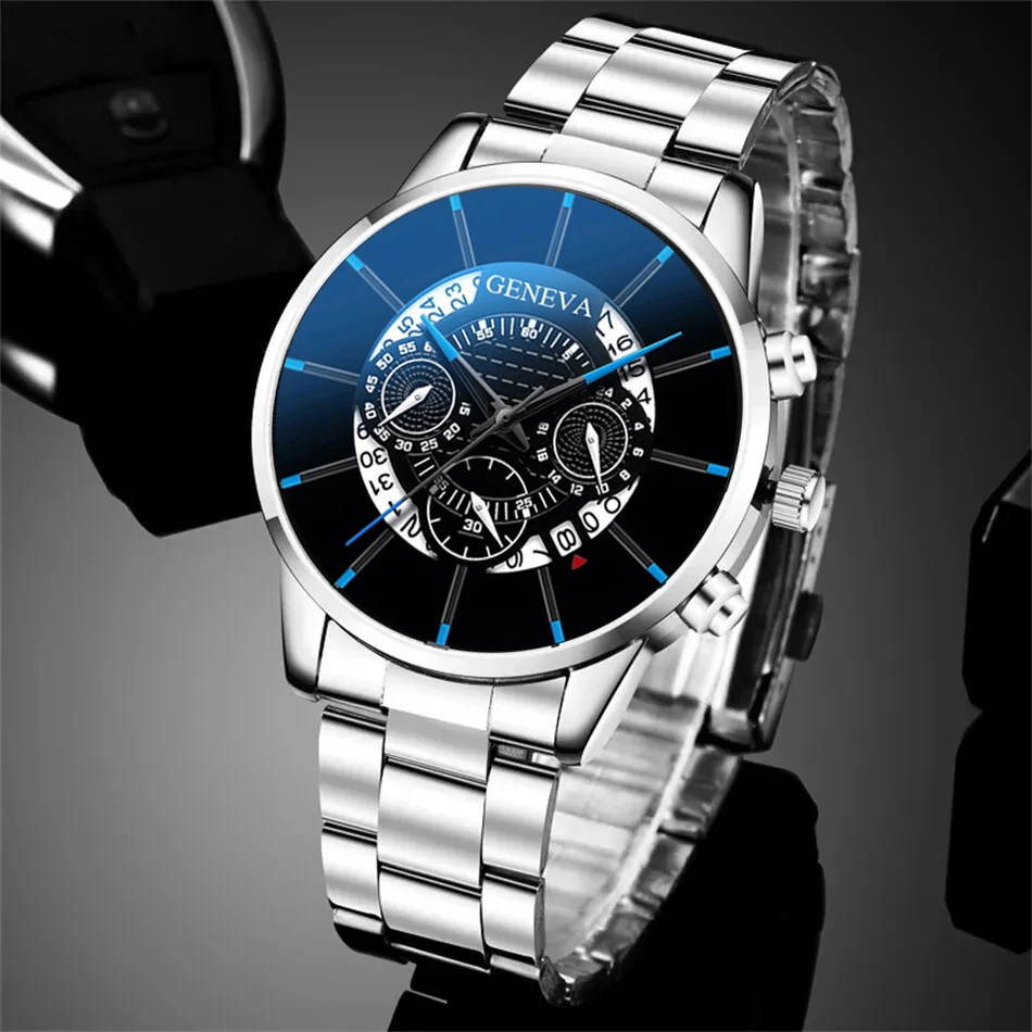 3PCS Set Fashion Mens Business Watches Men Casual Silver Bracelet Necklace Stainless Steel Quartz Wrist Watch Relogio Masculino