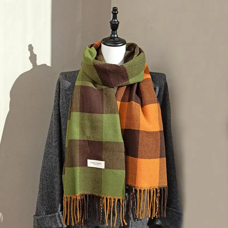 

Women Imitation Cashmere Scarves Lady Winter Warm Soft Plaid Scarf Thick Large Shawls Wraps With Tassel Fashion Female Scarves