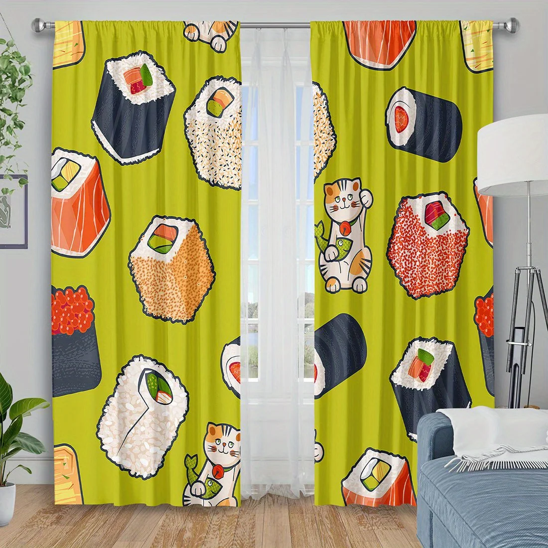 Bright Yellow Sushi Cat Print Curtains for Living Room Window Shade Modern Pop Art Home Decor Cute Kitchen Bedroom Curtain