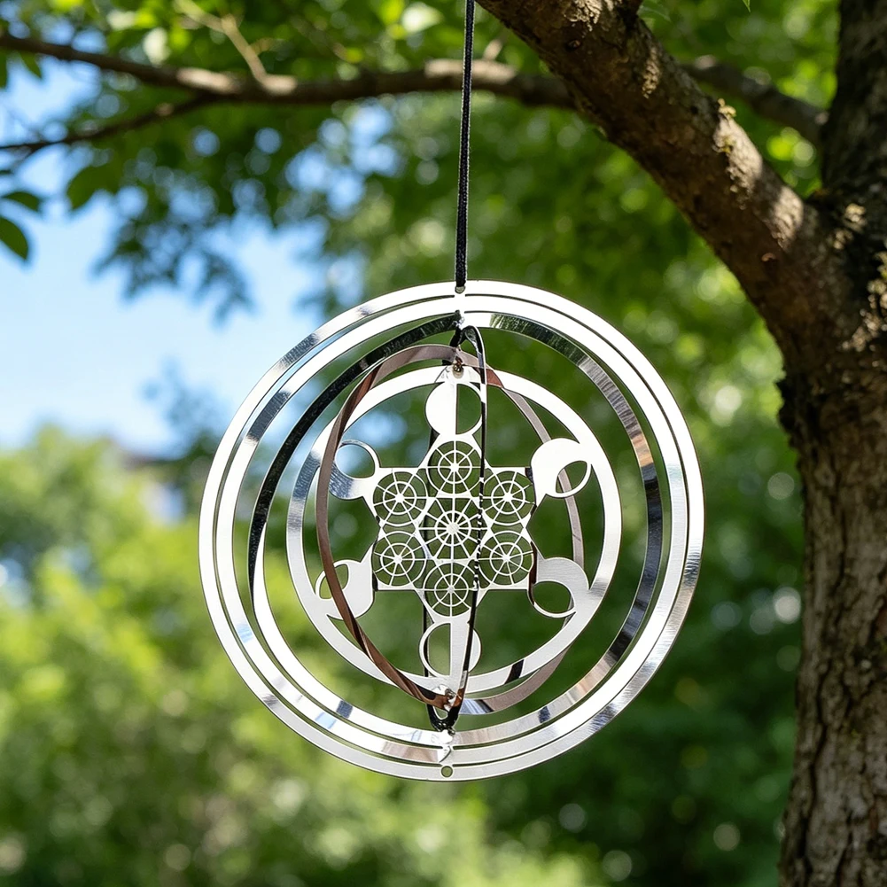 3D Stainless Steel Wind Spinner Flower of Life Moon Phases Sacred Geometry Kinetic Hanging Chime Garden Home Balcony Decor