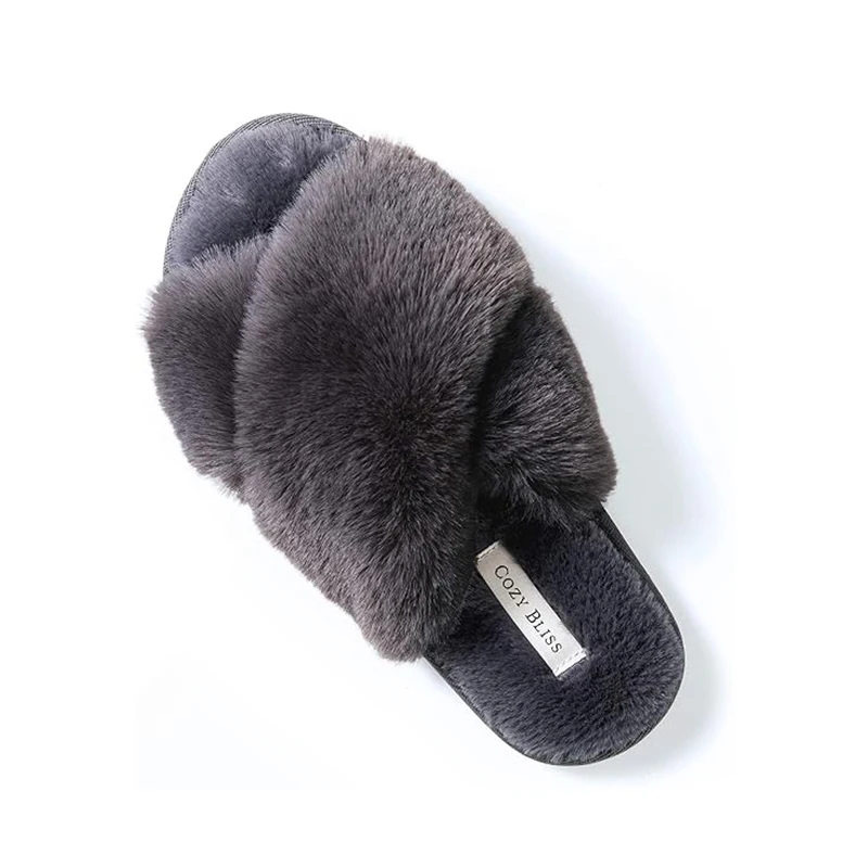 Women\'s Artificial Fur Slippers Cross Band Open Toe Breathable Plush Fluffy Home Grey Slippers