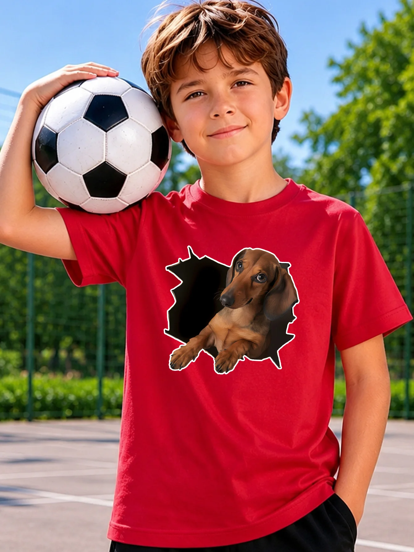 Lovely Torn Effect Dachshund Dog Print Boys Girls Family Matching Cotton Short Sleeve Crew Neck Soft Summer Kids Casual Tees