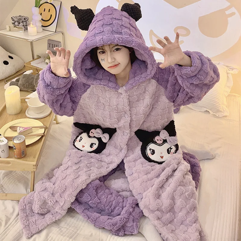 2Pcs Sanrios Long Style Kuromi Pajamas Woman Anime Cartoon Kawaii My Melody Cinnamoroll Winter Velvet Thickening Loungewear Set