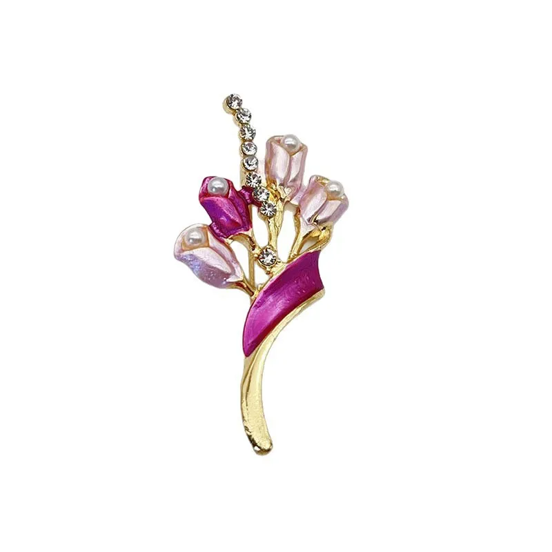 Water diamond enamel tulip brooch for ladies, a high-end pearl flower brooch, a fashionable brooch