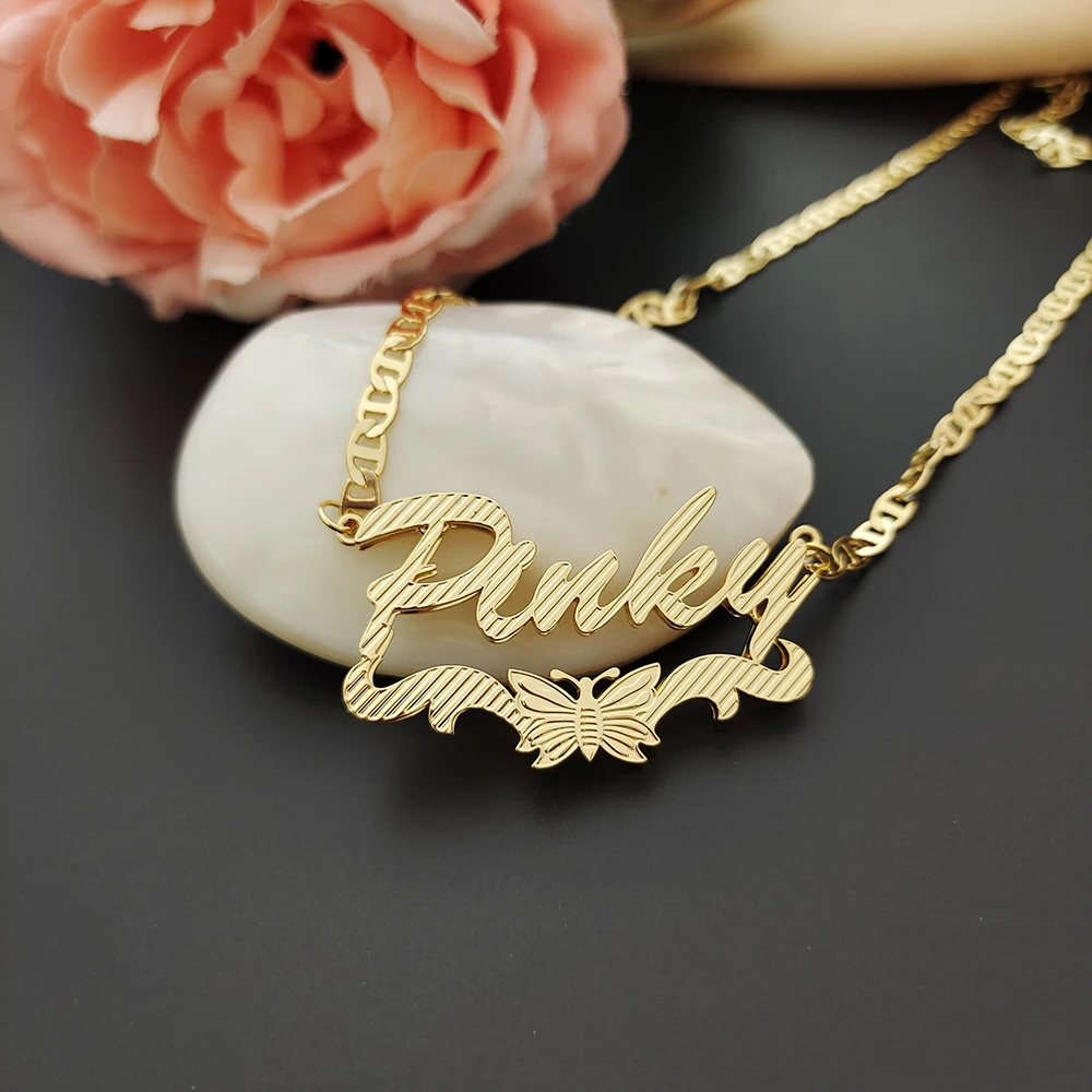 DODOAI Custom Necklace with Butterflies Double Nameplate 3D Necklace Personalized Necklaces Choker Pig Nose Chain Name Necklace