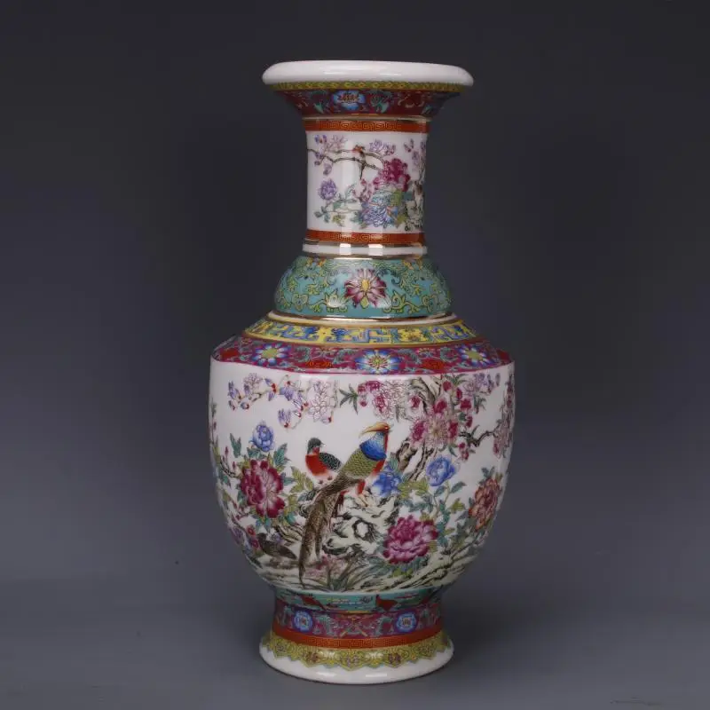 

Chinese Enamel Porcelain Qing Qianlong Flowers Birds Design Vase 10.23 inch