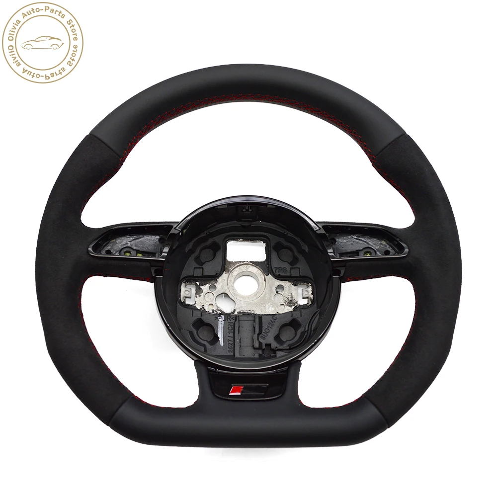 For Audi A4 B8  Q3 A3 8V Half suede leather red line flat bottomed steering wheel with steering wheel button frame