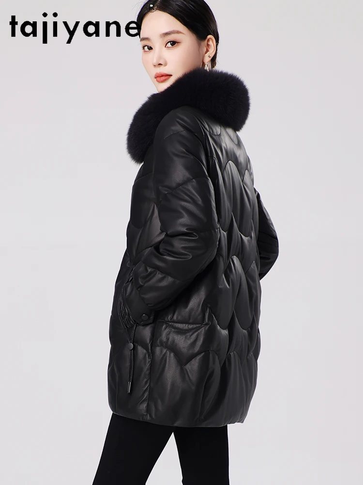 TAJIYANE 100% Skórzany płaszcz puchowy z owczej skóry dla kobiet, średniej długości, kurtka ze skóry naturalnej, kołnierz z futra lisa, płaszcze zimowe 2025, nowa kolekcja odzieży damskiej 신상아우터