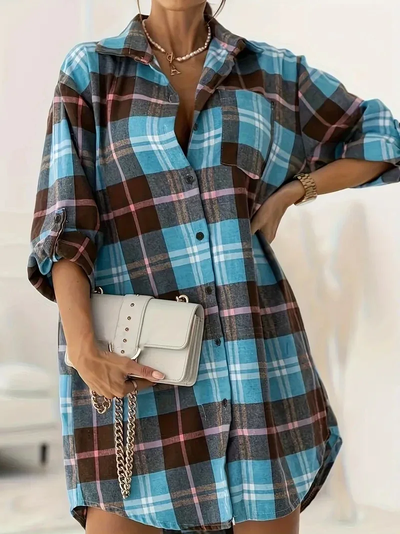 

New Women‘s Elegant Fashion Buttons Plaid Print Long Shirt Tops Ladies Casual Long Sleeve Loose Blouse Pocket Shirt