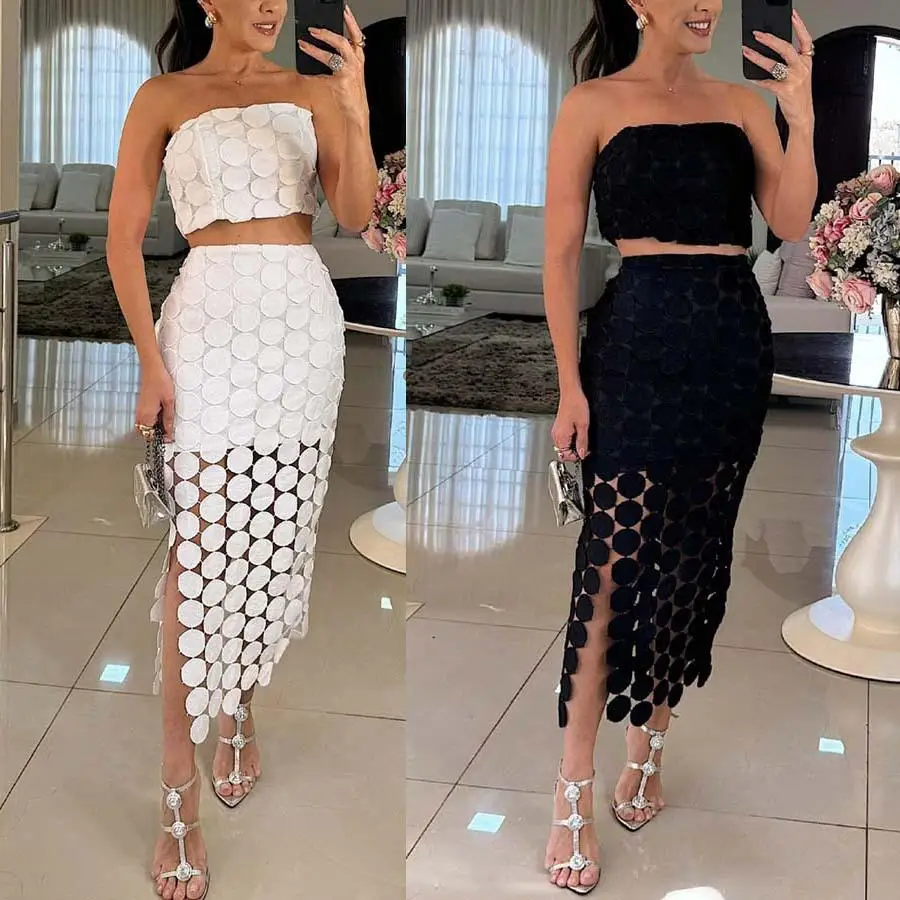 Conjunto casual de férias com top e saia, conjunto f de duas peças, calça crida, manga curta, gola redonda, conjunt...