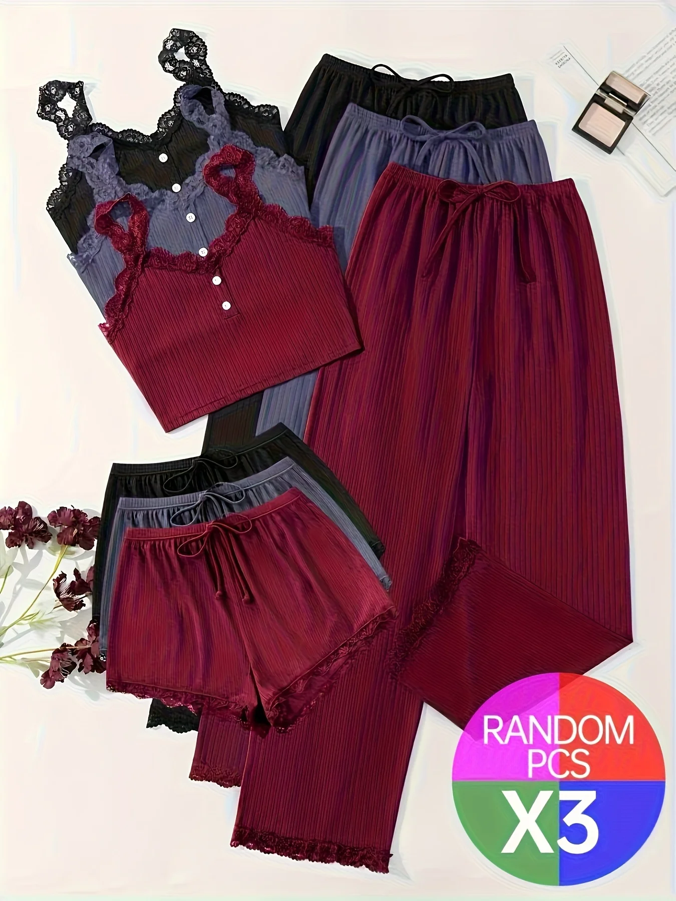 Conjunto de ropa de dormir de 3 piezas para mujer, sexy, de encaje, para todas las estaciones (incluye pantalones, pantalones cortos y chaleco), color burdeos, negro.