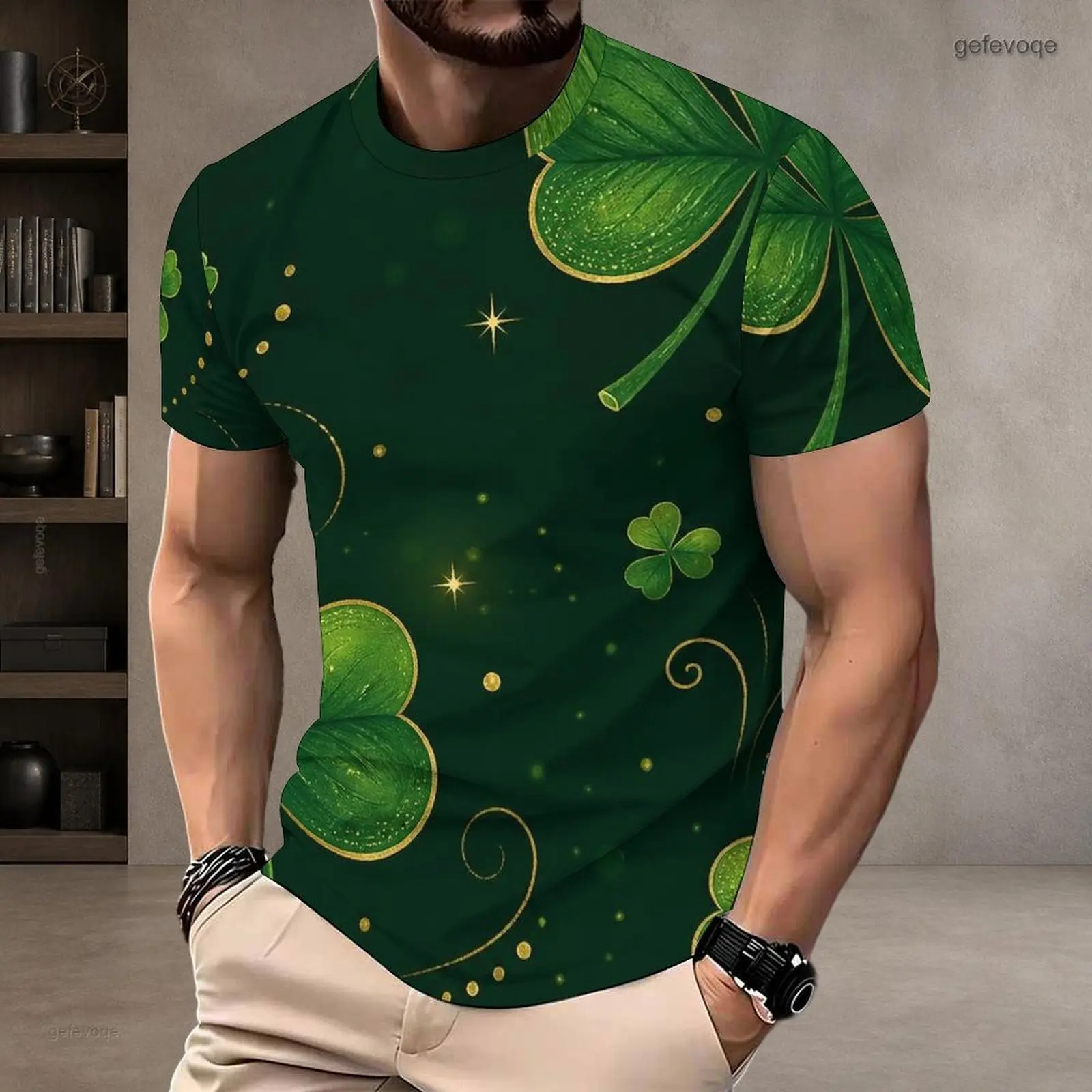 Men Dark Green Printed T-shirt Short Sleeve Round Neck with Clover Shamrock Golden Sparkle Pattern