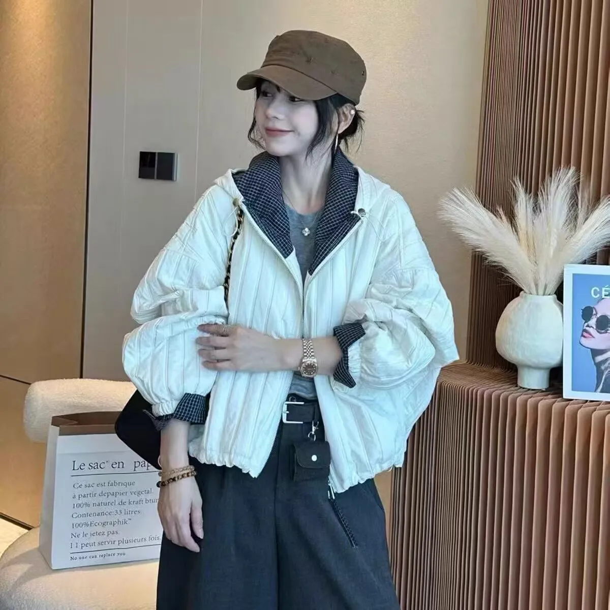 

2025 Autumn Winter New Color-Block Thin Hooded Cotton Jacket Short Coat Women Loose Casual Cotton Jacket Top