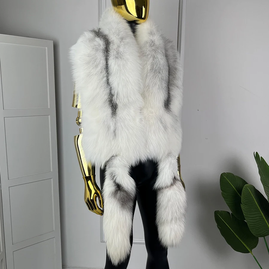 Winter Genuine Fox Fur Shawl With Tail Fur Shawl For Men Long Natural Cross Fox Fur Scarf High Quality Real Fur Scarf