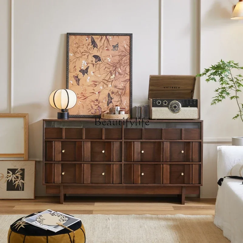 

z.-Nordic solid wood six-chest cabinet walnut Japanese-style living room master bedroom bed head and tail storage
