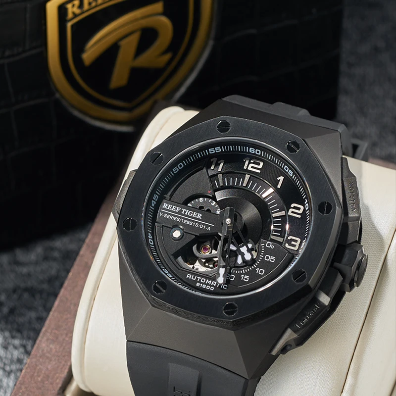 Reef Tiger Men Automatic Watch 44mm Mechanical Wristwatch Skeleton Luminous 10ATM Waterproof Sapphire Mirror Small Second Dial
