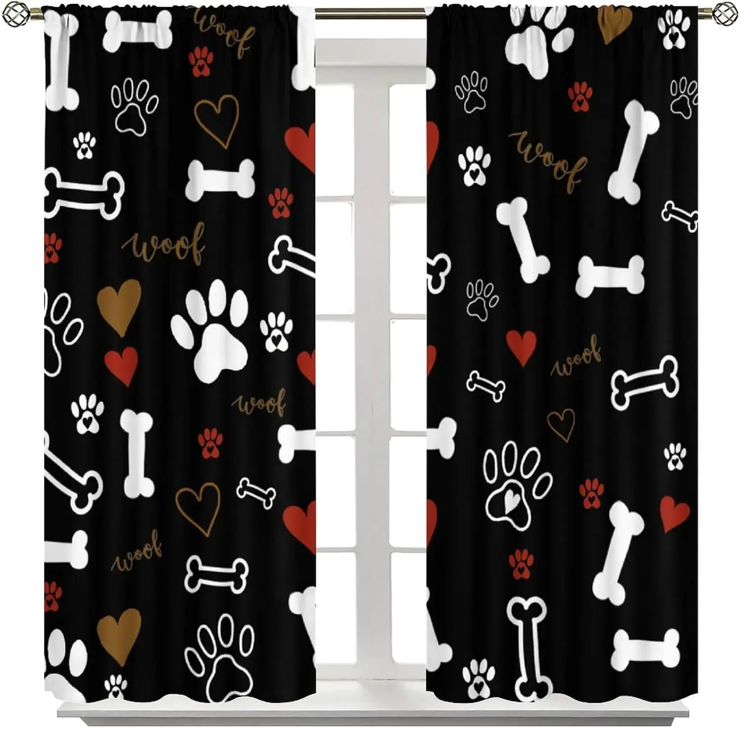 Dog Paw Bone Window Curtain 2 Panels, Puppy Footprint Bone Heart Woof Cursive Print Black Background Pet Decor Curtain