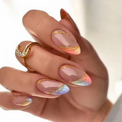 24 PCs Short French Gradient Gold Line Nails with 1 Jelly Gel and 1 Nail File
