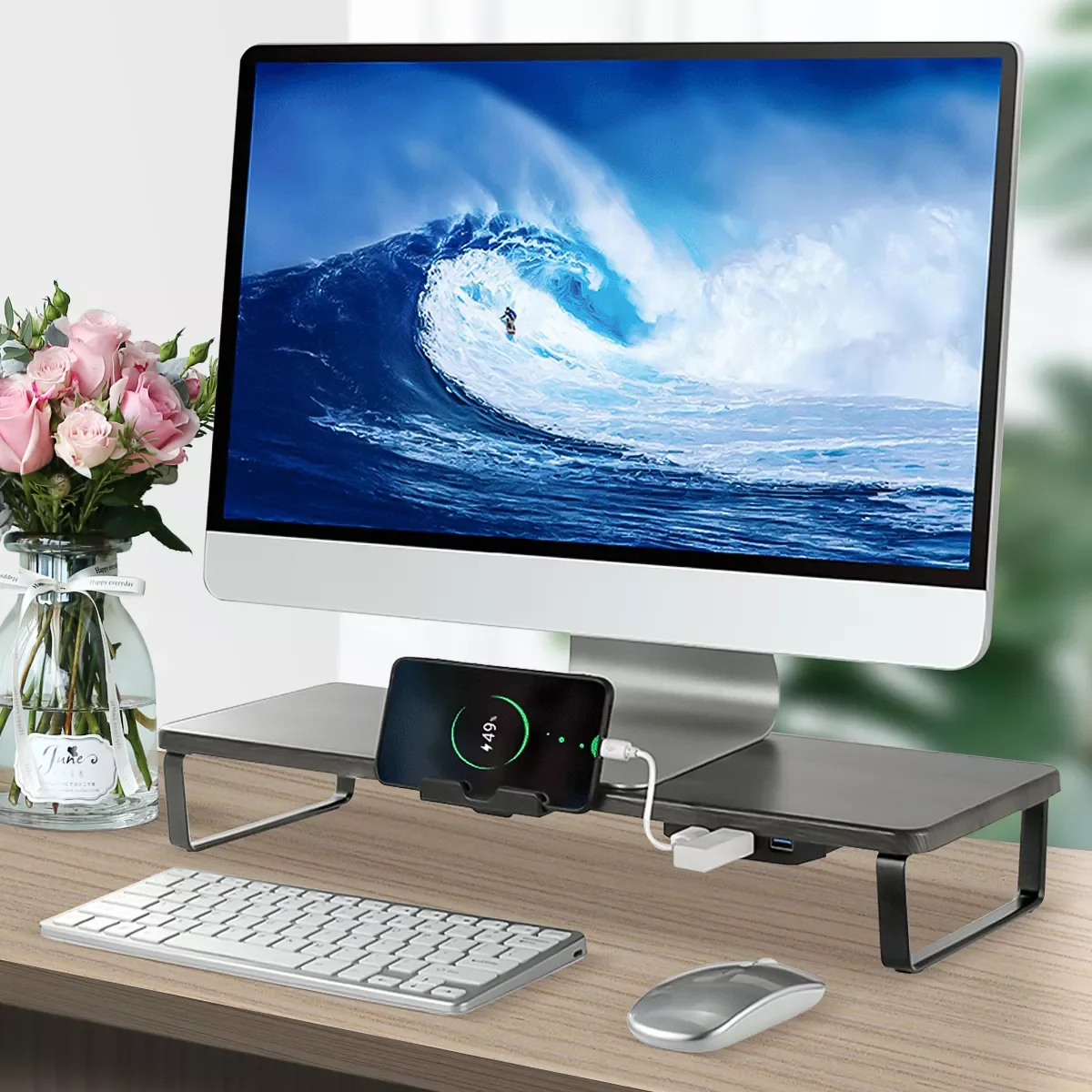 Stand Computer Riser 3 USB Port Support Charging Desk Phone Holder Multifunction Laptop Desk Monitor Holder Screen Shelf
