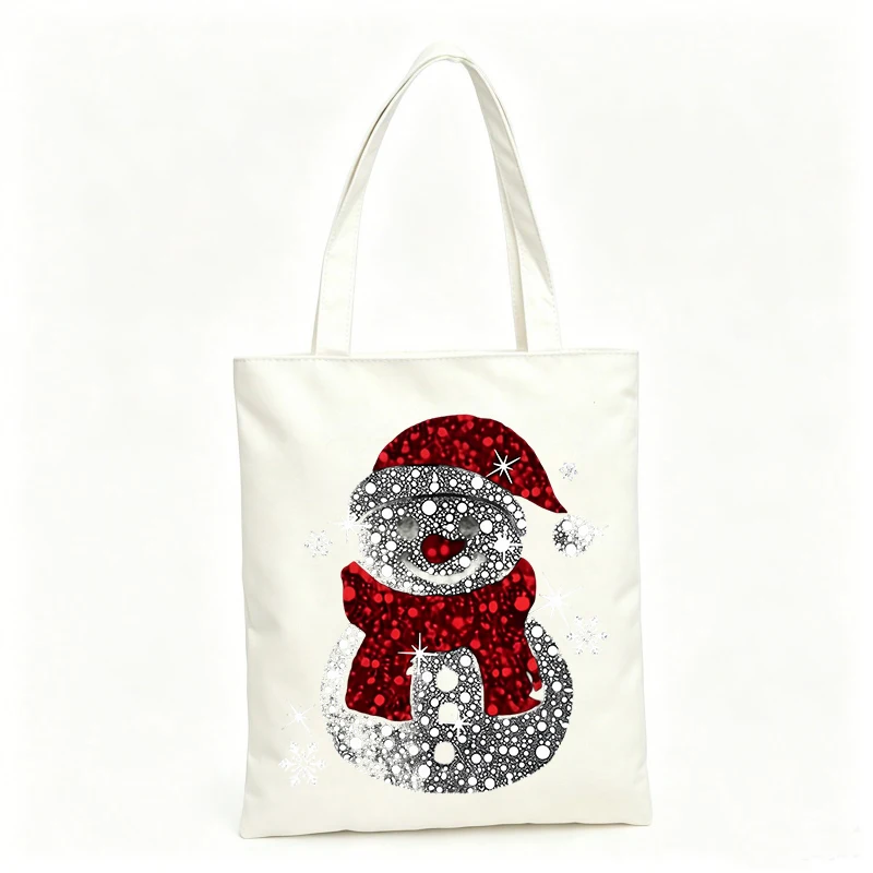 Women's snowman pattern canvas tote bag, casual style for holiday shopping and winter outings