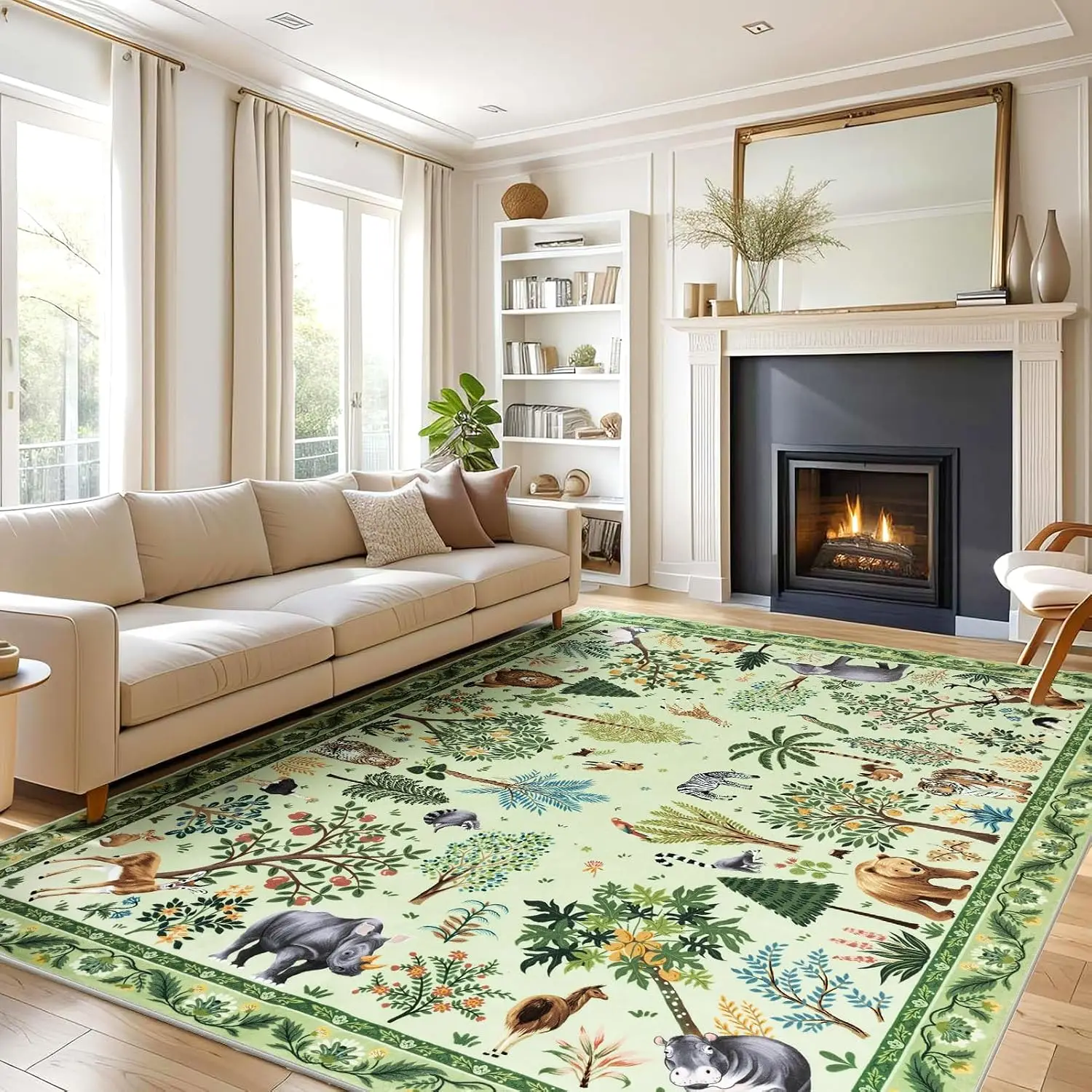 9x12 Extra Large Light Green Jungle Animal Area Rug Washable Non Slip Low Pile Carpet for Kids Bedroom Playroom Dining Room Home