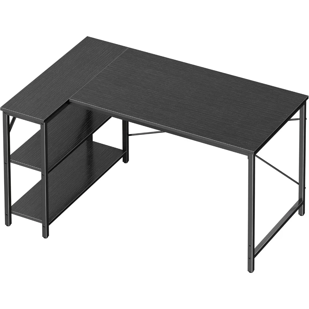 L-Shaped Desk, 47 Inch Gaming & Home Office Desk with Reversible Storage Shelves, Metal Frame, Black