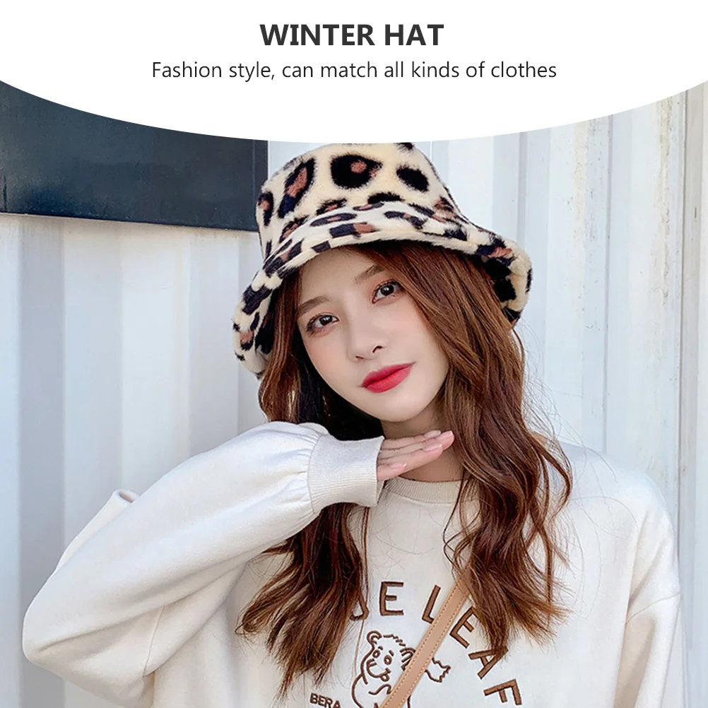 

Fisherman Hat Leopard Print Women Winter Bucket Cap Warm Windproof Autumn Face Slimming Trendy All Match Soft Comfortable For