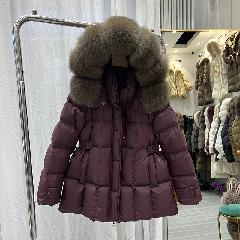 

Women's Thiened Winter down Jaet Fur Collar Hooded Waist-Cinching Coat Warm Outerwear Mid-Length Korean Sle