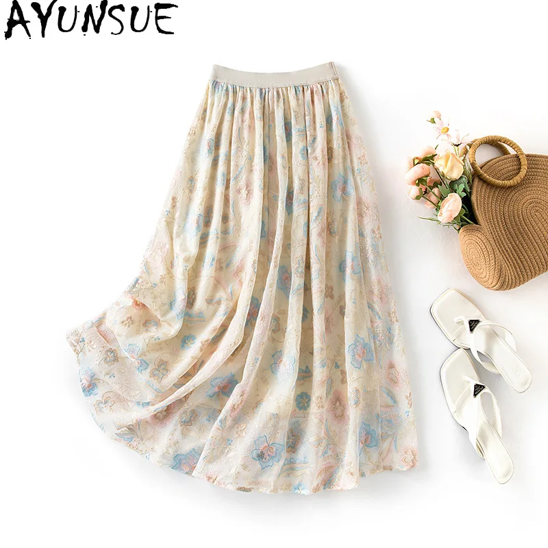 

AYUNSUE 100% шелковые женские юбки, высококачественные вышитые юбки для женщин, юбка с эластичной талией, летняя одежда для женщин 2026