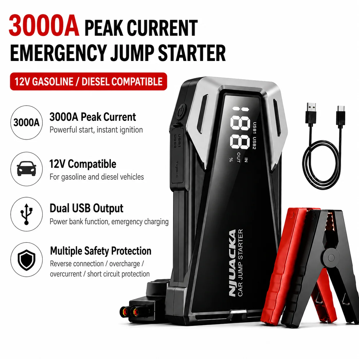 NJUACKA 3000A Car Jump Starter, 12V Portable Battery Booster Pack for Cars, SUVs & Trucks, Emergency Jump Box with Power Bank, USB Charging, LED Flashlight, SOS Warning Light, Compact Auto Safety Tool for Roadside Breakdowns, Camping & Road Trips