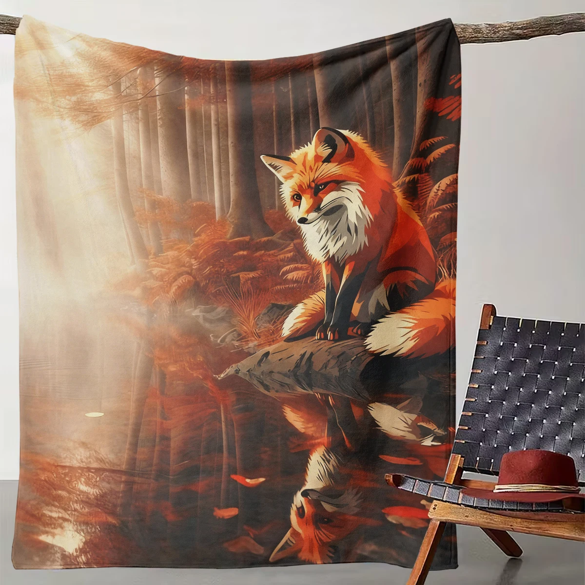 

1 Autumn Forest Fox Shadow Warm Orange Secret Land Blanket Suitable for Camping, Living Room, Office, Chair, and Bed