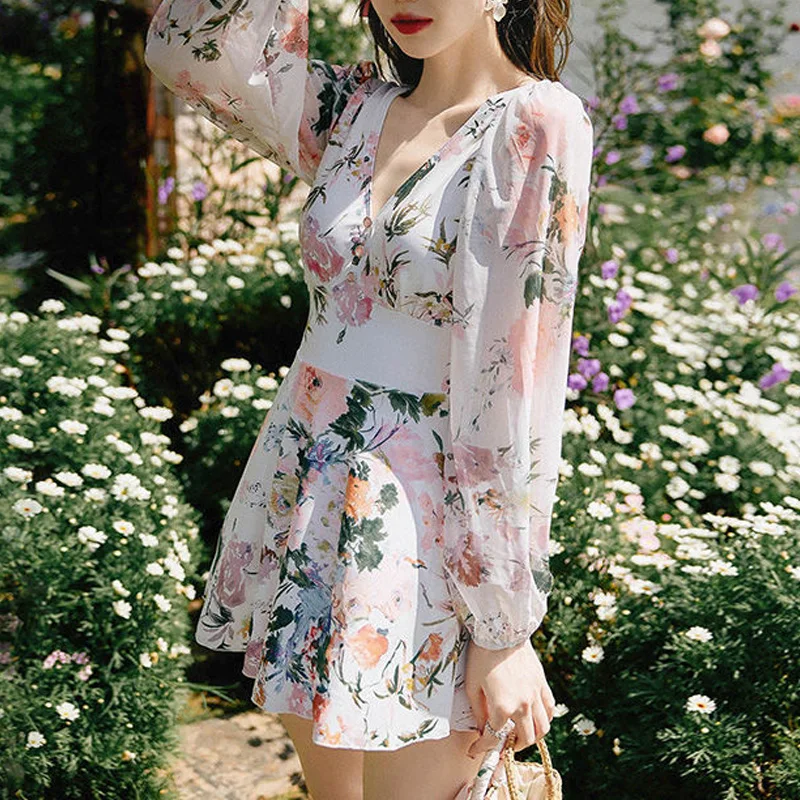 2023 New Summer Bohemian Asian Style V-neck Spliced Button High Waist Open Back Long Sleeve Sunscreen Holiday Dress Swimwear