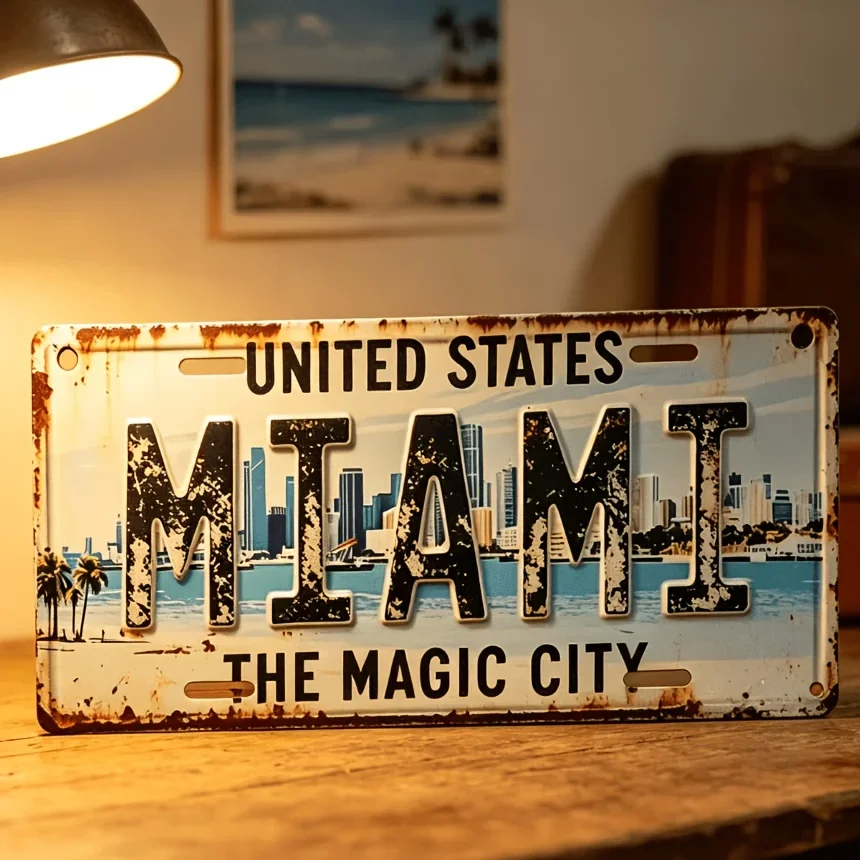 2D Flat Decoration 1pc Vintage Miami Aluminum Sign Ornament, Rustic Wall Hanging Decor for Man Cave Garage Bar Home Car