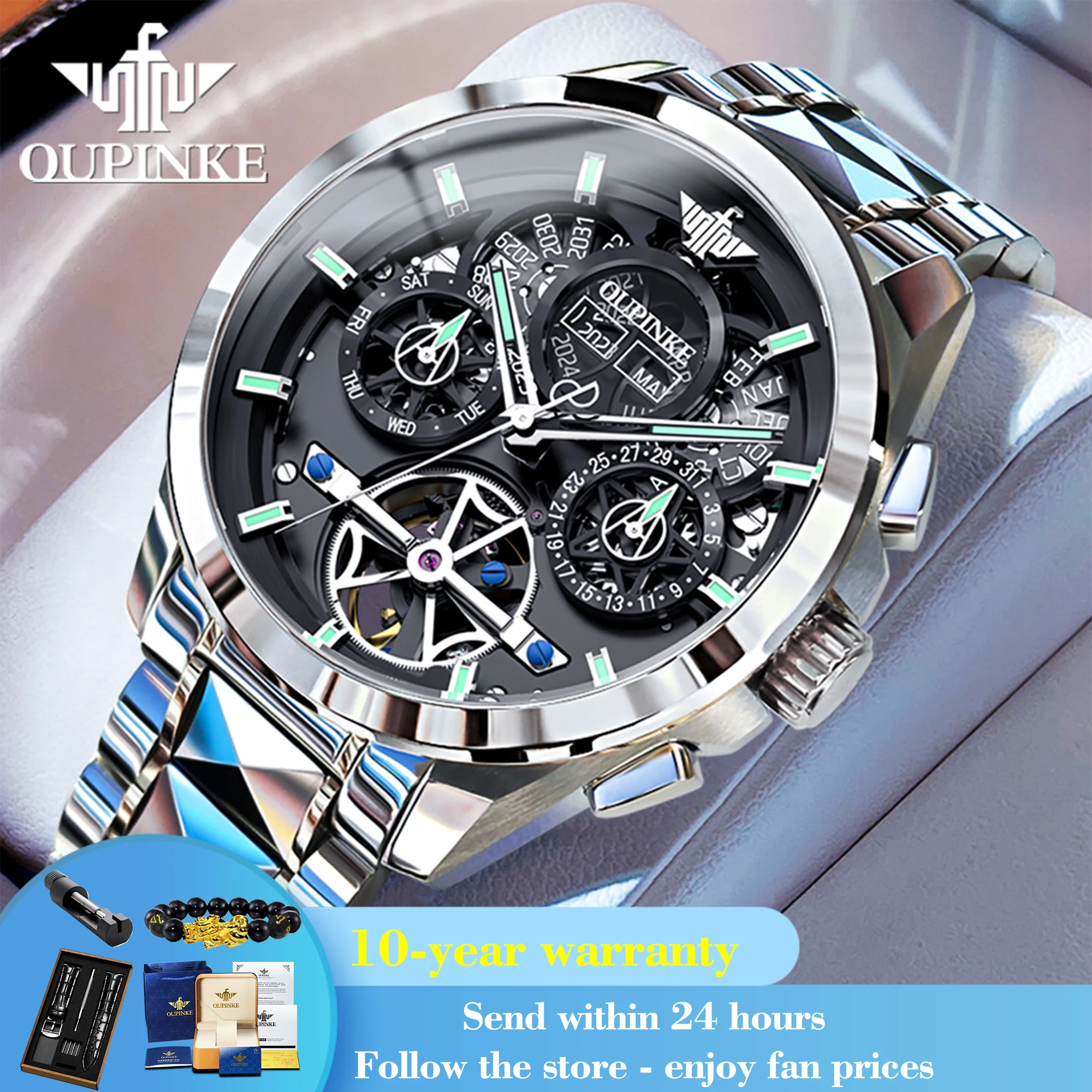 

OUPINKE 3233 Hollow Flywheel Mechanical Watch For Men 42mm Big Dial Top Brand Waterproof Wristwatch Original Auto Date Man Watch