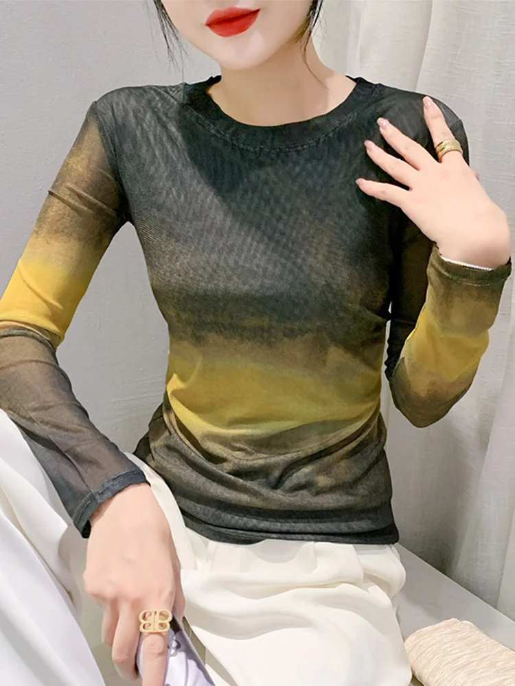 Ele Anti-Aging Tie-Dye Print Lange Sve T-shirt Frauen Sexy Me Atmungsaktive Abnehmen Taille Design Faionable Basis irt