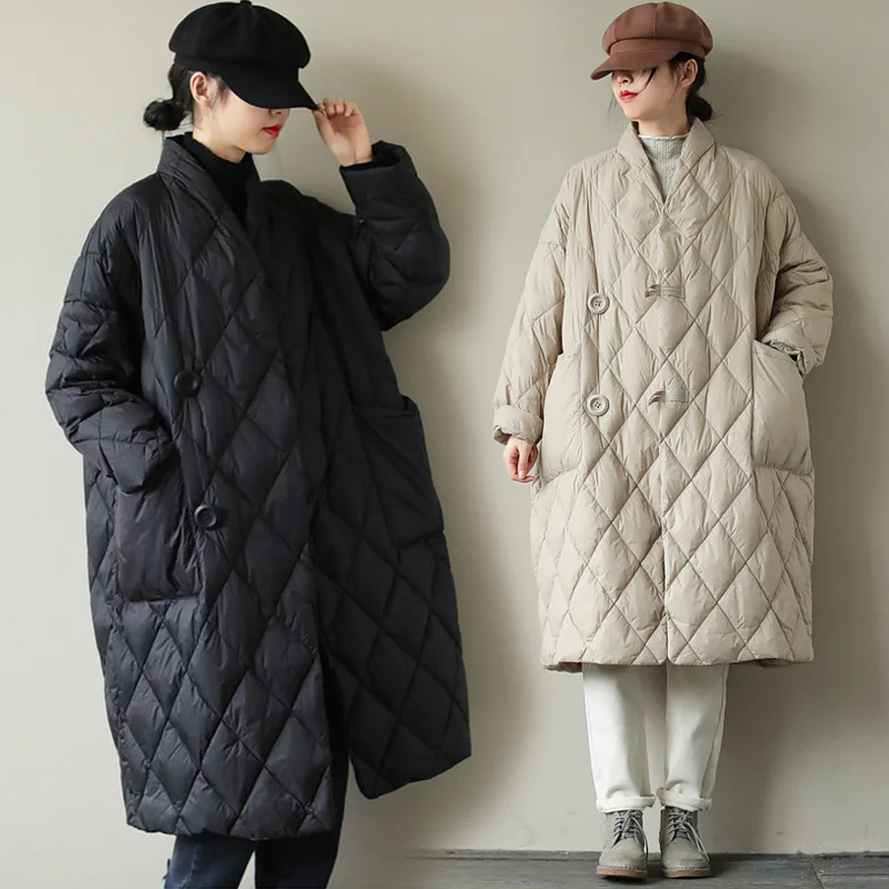 Autumn Winter Retro Literature Art Down Cotton Jacket Large Size Loose Stand Collor Solid Parka Female Lightweight Puffer Jacket