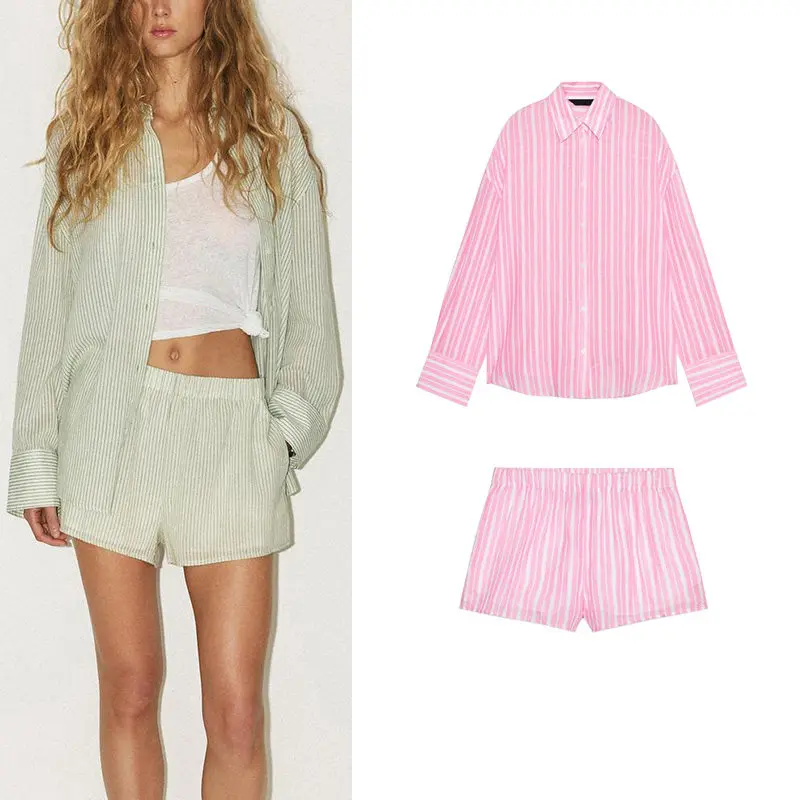 Cotton Striped Loose Collar Shirt Short Sleeve round Neck Chic Style Women's Fashion Set with See through Pants for Spring Su...