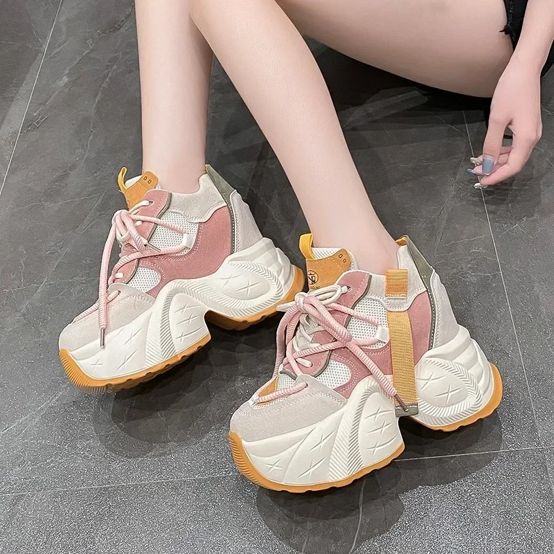 11CM Women Chunky Sneakers New 2024 Autumn High Platform Mesh Dad Shoes Women Casual Trainer Sneakers Thick Sole Vulcanize Shoes