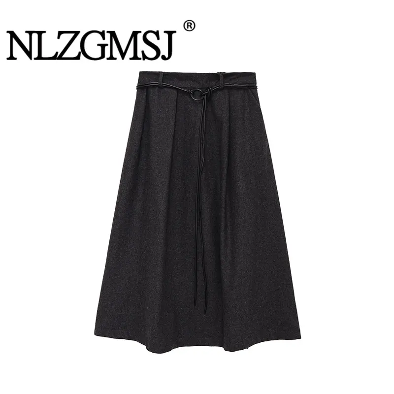 

NLZGMSJ 2026 винтажная элегантная шикарная женская юбка с однотонным поясом, юбка трапециевидной формы, новая модная весенняя офисная женская длинная юбка