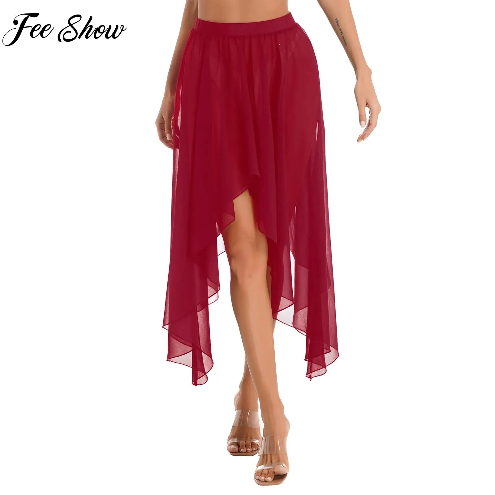 Women Belly Dancing Skirt Semi See Through Asymmetrical Hem Skirts Elastic Waistband Samba Rumba Ballet Latin Dance Dancewear