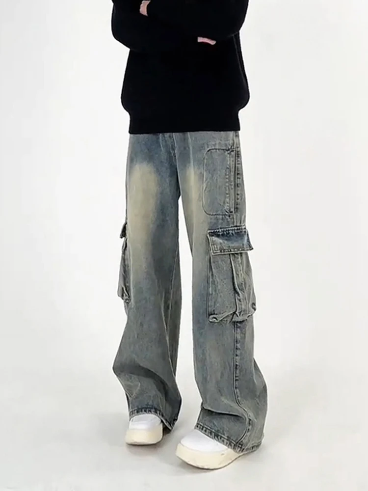 

American Style Thickened Fleece Lined Men's Workwear Jeans Winter Wide Leg Pants Big Pocket Straight Loose Long Trousers