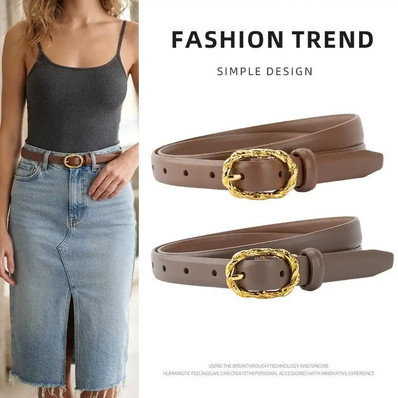 Women's Fashion Thin Leather Belt with Braided Oval Alloy Buckle, Soft Cowhide Slim Waistband for Dresses Jeans Shirts