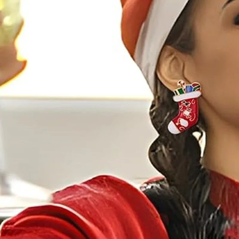 Huitan Cute Enamel Stocking Stud Earrings for Women Dainty Multi-color Ear Accessories Elegant Noble Christmas Party Jewelry Hot