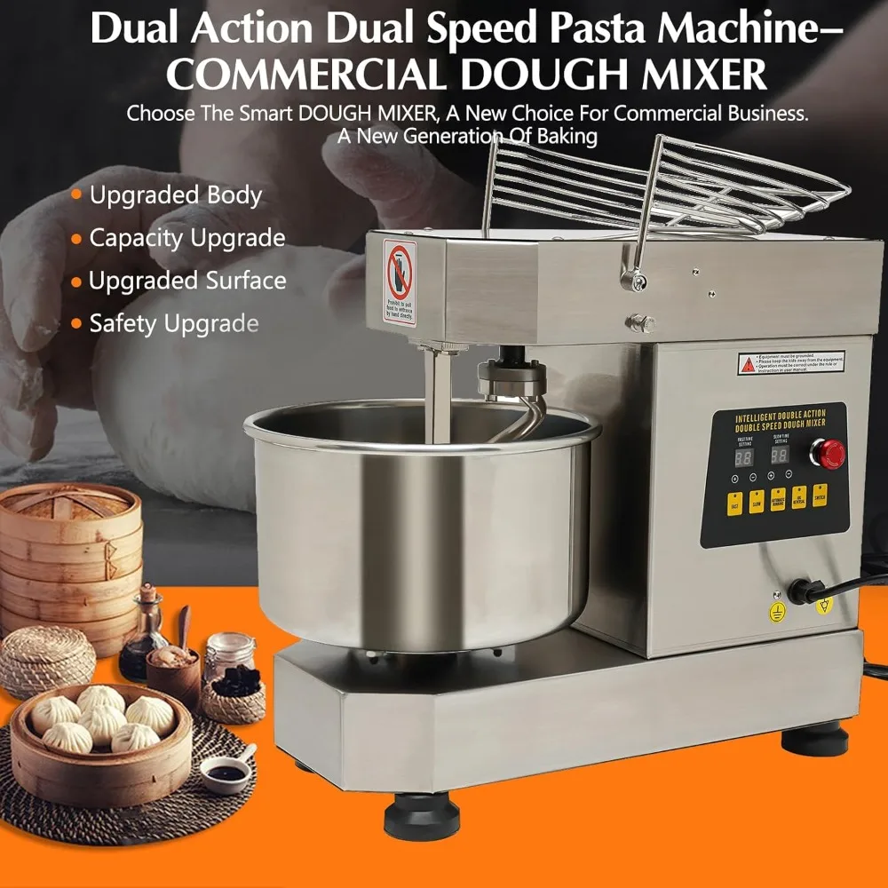 

Commercial Food Mixer Dual Rotating Dough Kneading Machine with Food-grade Stainless Steel Bowl Security Shield Timer