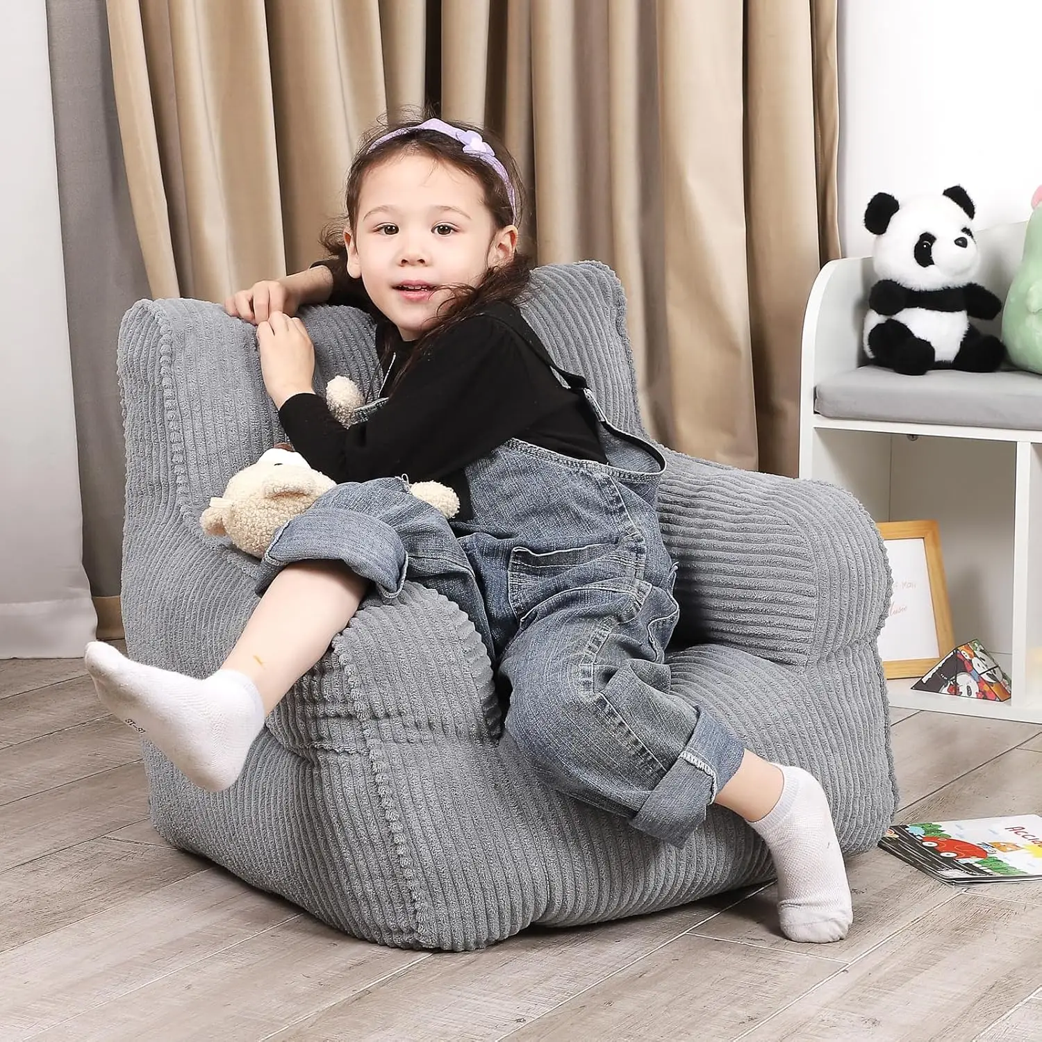 Bean Bag Chair with a Plush Bear, Comfy Toddler Chair for Boys and Girls, Grey